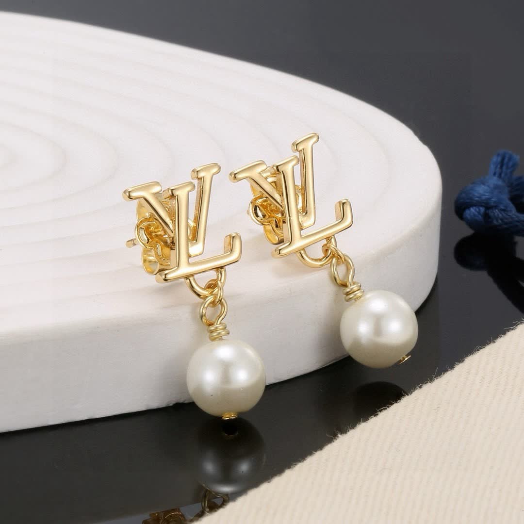 Louis Vuitton Gold 'LV' Logo Pearl Drop Earrings